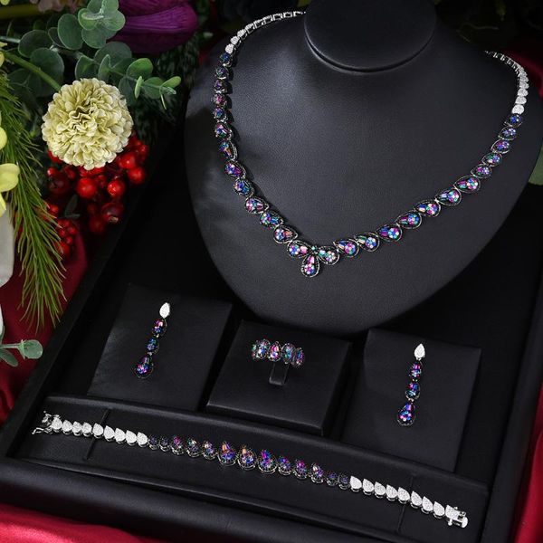 

trendy 4pcs full micro cz luxury african jewelry set for women wedding party zircon crystal neckalce earring earrings & necklace, Silver
