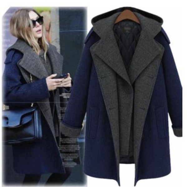 

women's wool & blends europe woolen coat autumn winter thicken elegant women coats large size long sleeve hooded 5xl 2110, Black