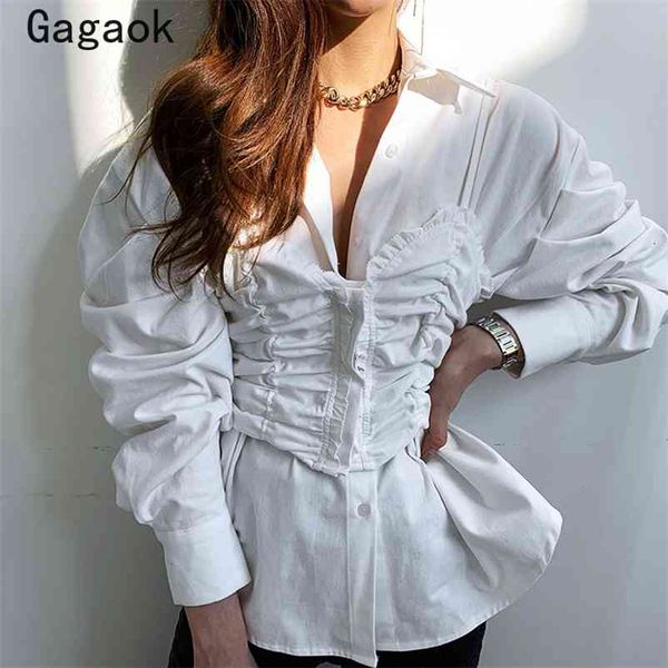 

women fake two blouses spring autumn solid ruffles puff sleeve shirts slim simple korean fashion wild blouse 210531, White