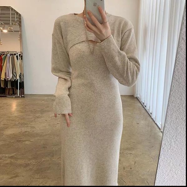 

autumn winter two piece womens tracksuits set long sleeve knitted crop and high waist bodycon sweater dress 2, Gray