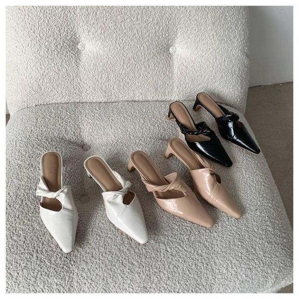 

slippers 2021 fashion pointed toe women slip on mules med heels luxury elegant ladies shoes sandal slipper, Black