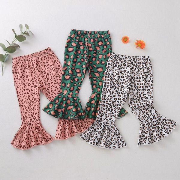

trousers kids girl flare pants wide-leg leopard printed high waist pant fall party wear casual elastic ruffle bell bottoms, Blue