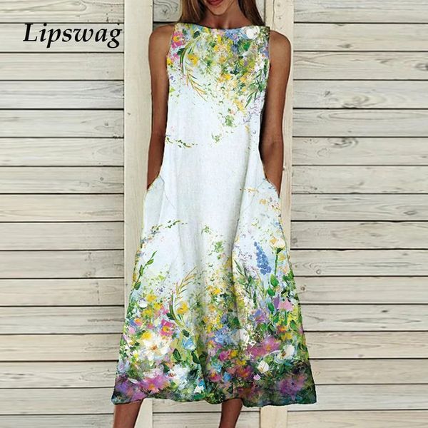 

spring summer sleeveless lady party dress elegant women o-neck long dress 2021 summer vintage floral print loose a-line dresseshigh quality, Black;gray