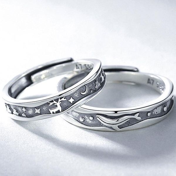 

wedding rings vintage creative couple for lovers statement silver color whale elk star moon open engagement band gift, Slivery;golden
