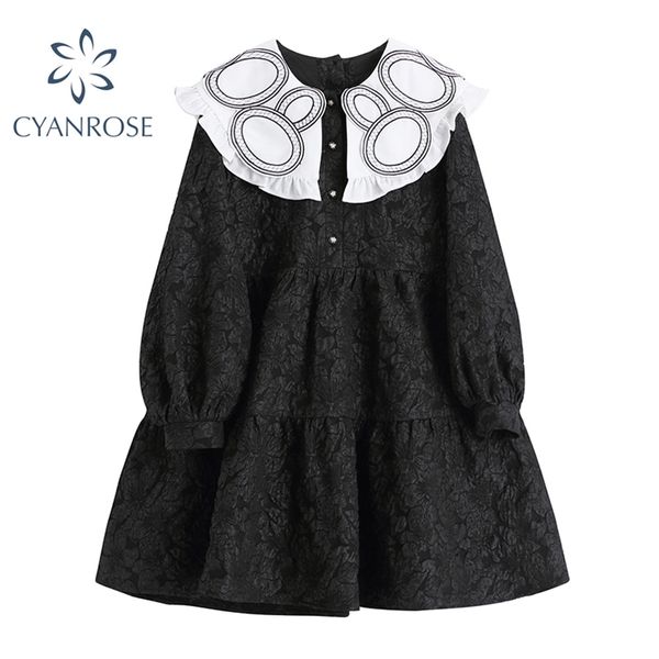 

fashion spring dress women lantern long sleeve peter pan collar gothic lolita oversized dresses preppy style elegant frocks 210430, Black;gray