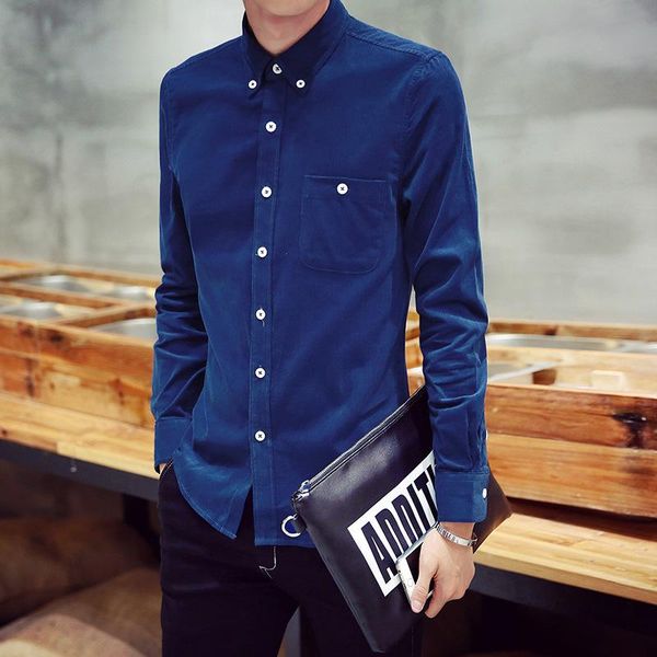 

men's casual shirts mens fashion long-sleeved solid color corduroy men turn-down collar male clothes, White;black