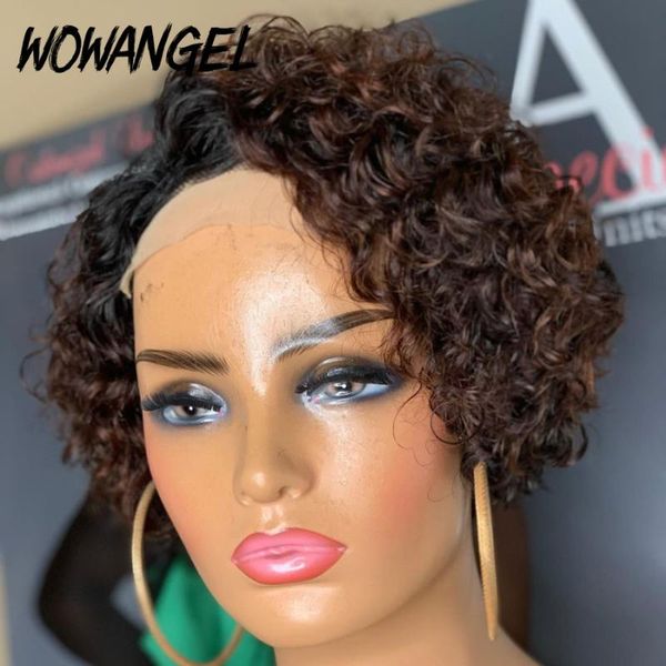 

lace wigs pixie cut bob front ombre brown 150 180 250% human hair curly wig remy closure, Black;brown