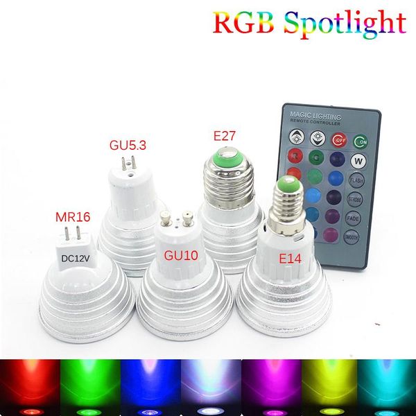 

bulbs led rgb bulb lamp e27 e14 gu10 85-265v mr16 12v changeable spotlight 3w magic holiday lighting +remote control 16 colors