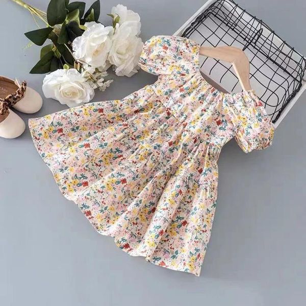 

girl's dresses 2021 summer fashion baby girls floral kids clothes short bubble sleeve princess dress for party children, Red;yellow