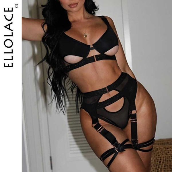 Ellolace Hollow Out Erotic Lingerie Vestuário Underwear Set Solid Sexy Traje Bra 3 Parte pornô Sissy Intimo Sexo Sensual Terno S0825