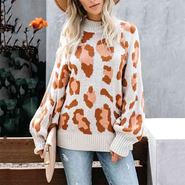 

contrasting color sweater lazy women autumn and winter women's leopard print pullover o neck loose stitching knitted 210517, White;black