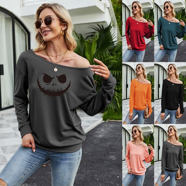 

women's casual fashion loose diagonal collar halloween printed sweater, Black