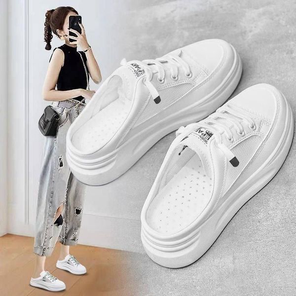 

slippers baotou half female 2021 summer wear flat-soled students korean mesh breathable non-slip sandals white shoes, Black