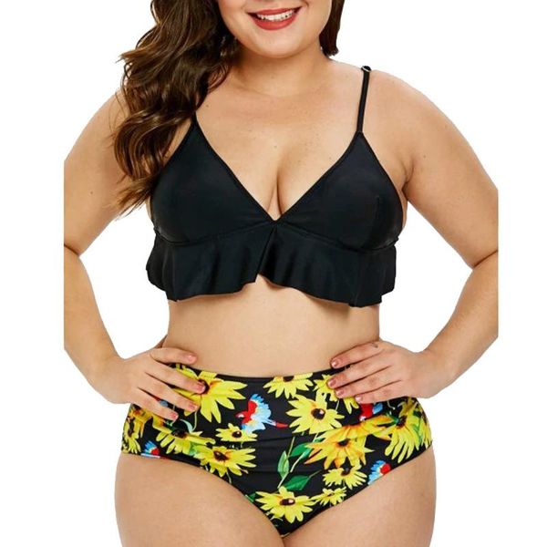 

women halter push up bikini set swimsuit female floral print ruffled with high waisted brazilian swimwear one-piece suits