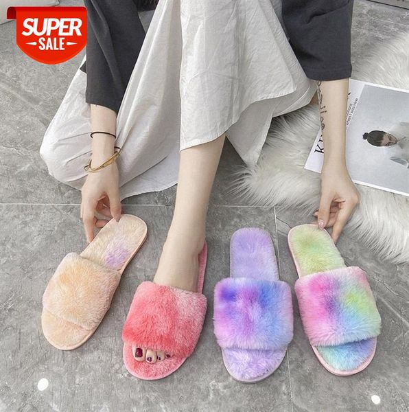

colorful plush slippers women home open-toed hair direct supply #wb8j, Black