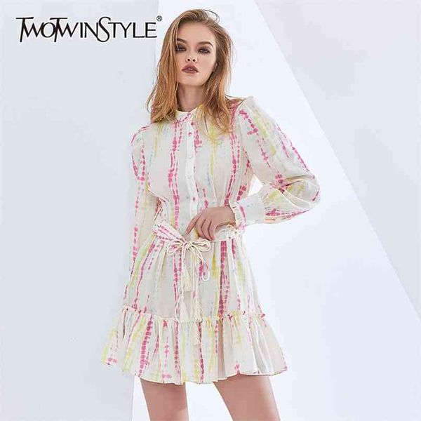 

casual dress for women stand collar long sleeve high waist lace up print hit color mini dresses female clothes 210520, Black;gray