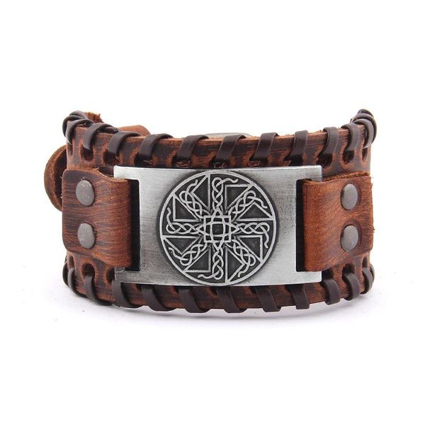 Bracelets de charme Amuleto Sun Wheel Weave Bangle de couro genuíno para otimismo Vintage Wide Nordic Viking Bracelet Men Masculino