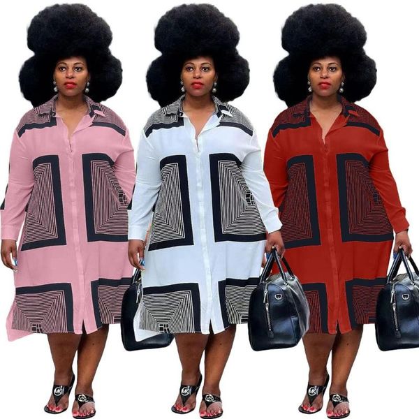 

casual dresses fall 2021 women fashion shirt plus size turn-down collar single-breasted full sleeve striped print mid-calf dress, Black;gray