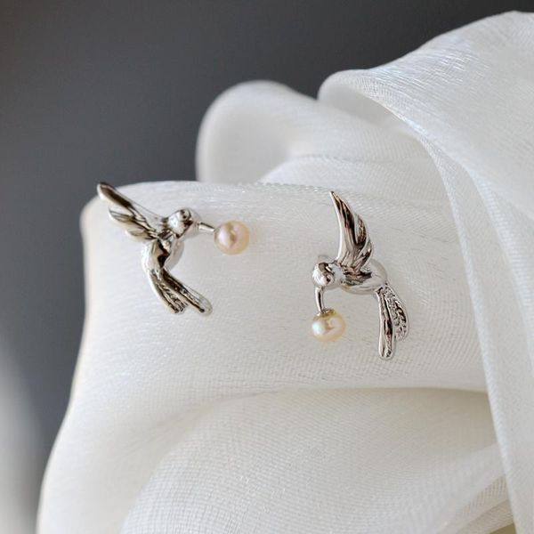 

stud authentic 925 sterling silver little birdie earstuds inlaid natural freshwater pearl earring women fashion style jewelry gift, Golden;silver