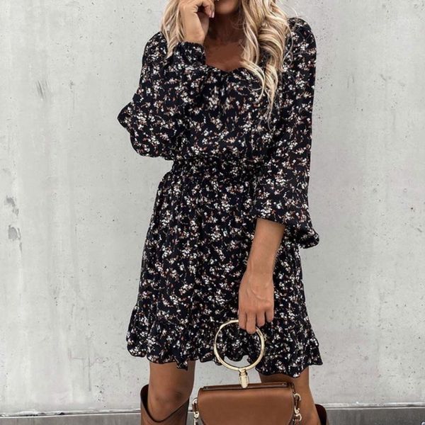 

casual dresses 2021 autumn women long sleeve square collar floral dress winter ruffle a line print slim female boho mini party, Black;gray
