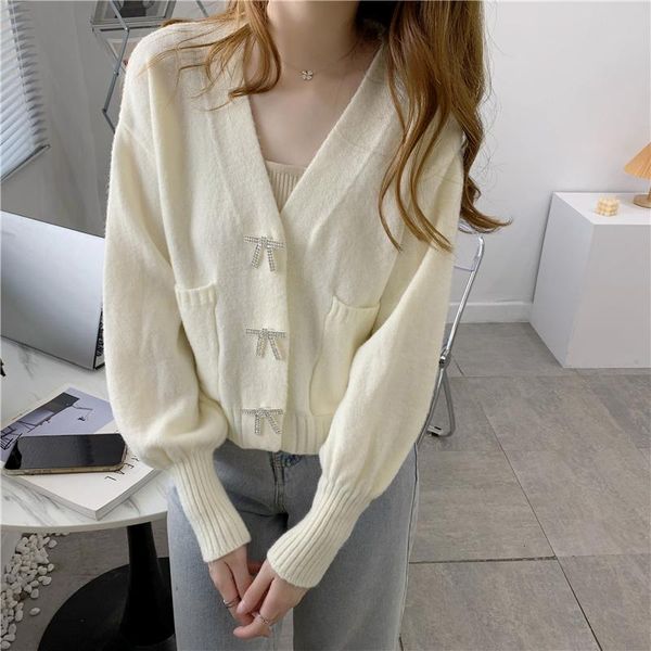 

women's knits & tees alien kitty 2021 autumn ladies sweater v-neck knit fashion solid color sweet korean elegant all-match short cardig, White