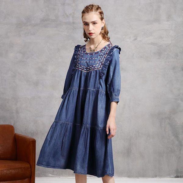 

fairynatural ladies retro embroidery dresses tassel patchwork 2021 autumn spring women denim cotton chinese style dress casual, Black;gray