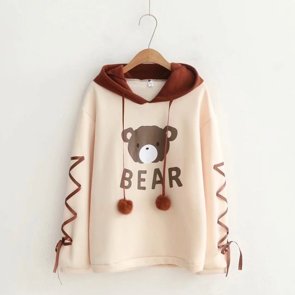 

autumn and winter new mori women's soft cute cartoon bear lace up hooded ears plush sweater women, Blue;black