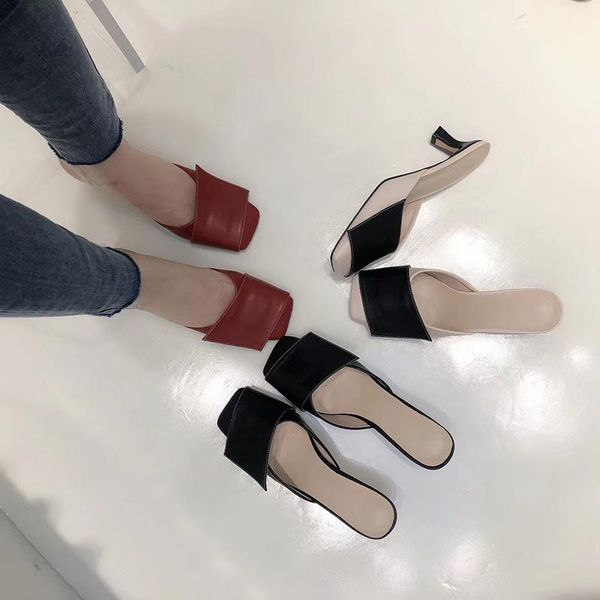 

slippers 2021 summer s women square toe high heels sandals slides half mules shoes slip on pumps flip flops, Black