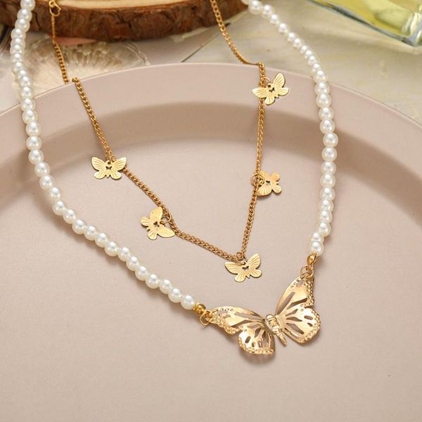 

chokers multilayer white pearls heart shell pendant bohemian butterfly necklace statement collar clavicle for women jewelry, Golden;silver