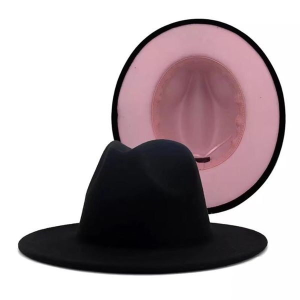 Geniş Kötü Şapkalar Siyah Pembe Patchwork Yün Jazz Fedora Şapkası Kadın Unisex Panama Partisi Trilby Cowboy Cap Erkekler Beyefendi Düğün