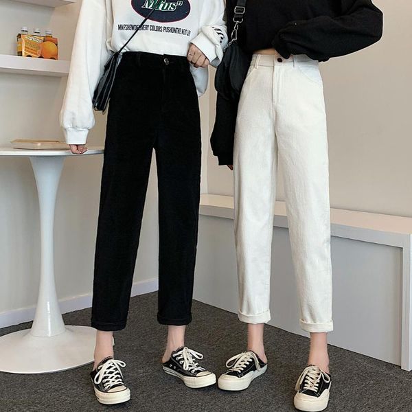 

black corduroy casual pants women's straight loose autumn and winter all-matching korean style high waist wide leg trousers & capris, Black;white