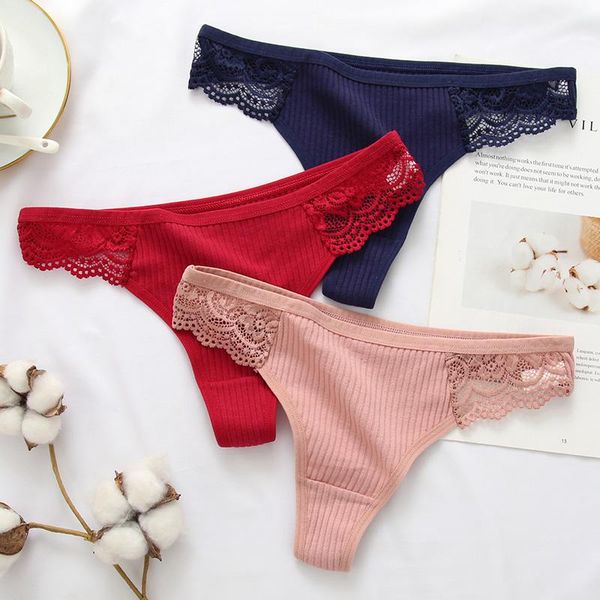 

women's panties 3pcs cotton women underwear thong solid comfort lace briefs for female g-string low-rise ladies intimates lingerie, Black;pink