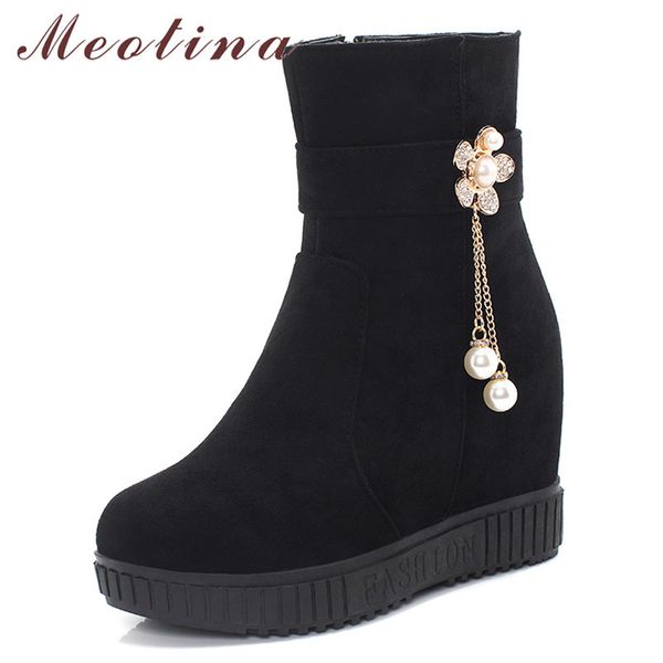 

autumn ankle boots women crystal height increasing high heel short pearl zipper shoes ladies winter big size 33-43 210517, Black