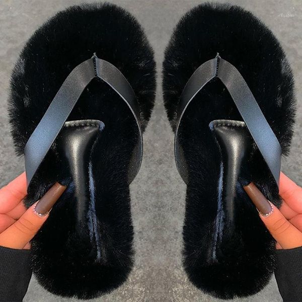 

women furry flip-flops big size winter women's short plush keep warm slippers female indoor flat ladies comfortable casual shoes1, Black
