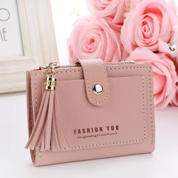 

wallets 2021 ladies letter buckle short wallet clip mini coin purse tassel, Red;black