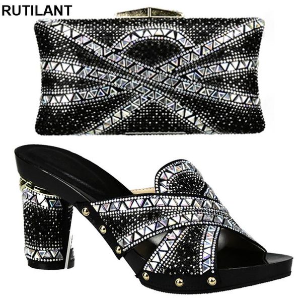 

dress shoes black color italian ladies and bag set decorated with rhinestone nigerian party high quality