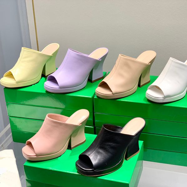 

designer high heeled novelty slippers square head womens sandal big thick heel heels platform shoes quality genuine leather women slipper sa, Black