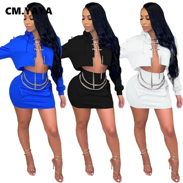 

cm.yaya street sweatsuit women's set chain lace up hooded sweatshirt midi mini skirt suit tracksuit two piece set fitness outfit 210330, White