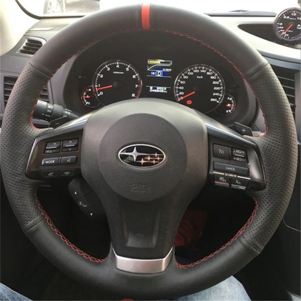 

diy custom made hand sewing custom genuine leather steering wheel cover for subaru xv / legacy /forester/ outback impreza car wheel cover