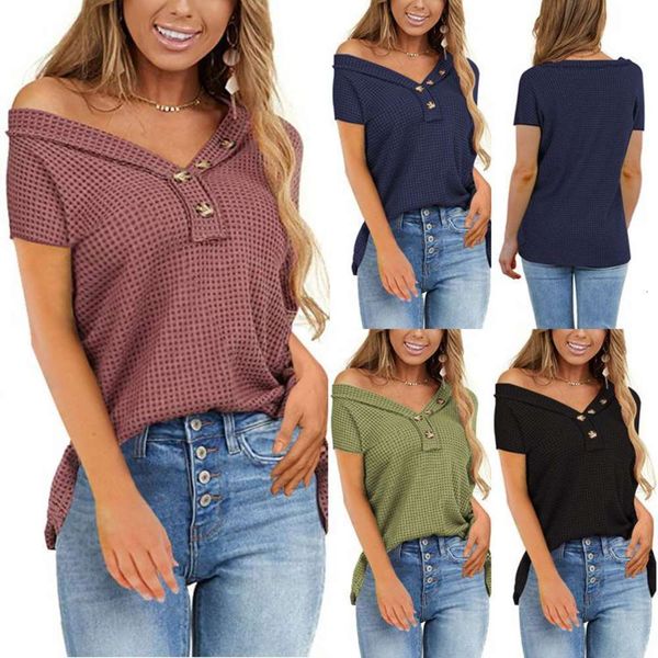 

women's t-shirt 2021 waffle solid v-neck button jo0k, White