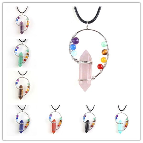 

trendy-beads silver plated hexagon column quartz stone with colorful beads amulet pendant chakra necklace necklaces