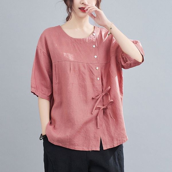 

oversized women cotton linen casual shirts new arrival summer vintage style solid color loose female half sleeve s3528 210412, White