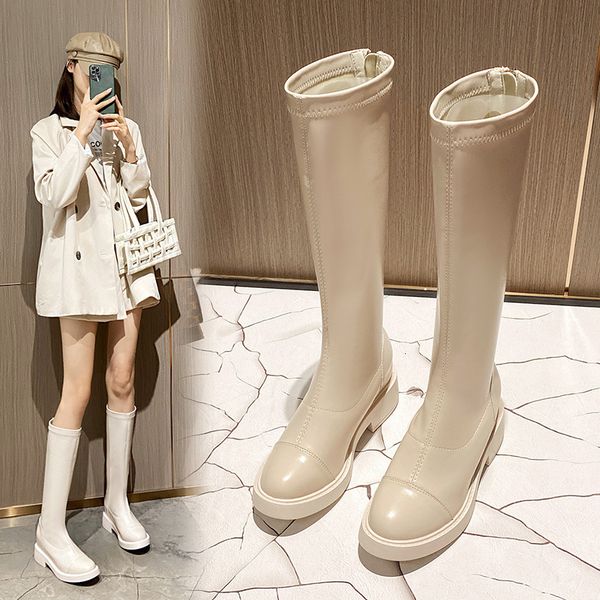 

thick below knee female knight 2021 winter middle heel back zipper high boots, Black