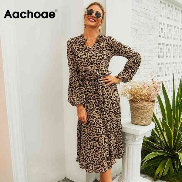 

fashion lady leopard dresses lantern long sleeve print midi o neck bandage dress spring summer robe femme s-xl 210413, Black;gray