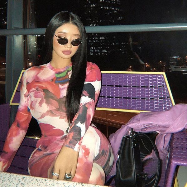 

two piece dress trendy flower tie-dyed high-elastic long sleeved mesh suit, White