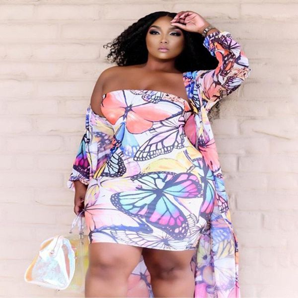 

plus size tracksuits sets women wholesale butterfly print off shoulder dress long style cloak fashion streetwaer summer drop, Black