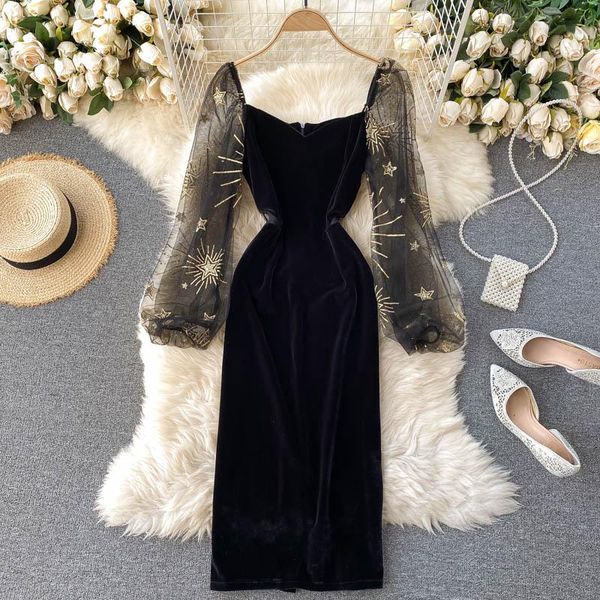 

women dresses 2021 autumn winter vintage clothes elegant party mesh long sleeve patchwork velvet black dress robe femme casual, Black;gray