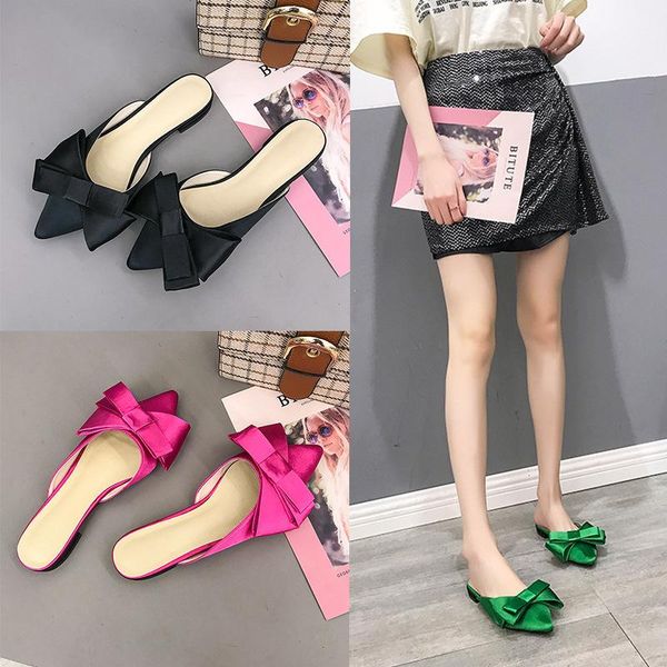 

baotou sandals and slippers women summer korean pointed bow flat half fashion outer wear women's shoes fs21s14, Black