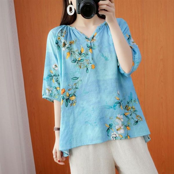 

women's t-shirt women summer loose vintage arrival 2021 retro national style v-neck floral print tees shirts female half sleeve, White