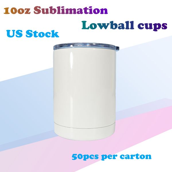 Magazzino USA 10 once Sublimazione Lowball Cup Tazze Bicchieri da caffè isolati senza cuciture in acciaio inossidabile con coperchi Bicchiere da viaggio termico a doppia parete bianco vuoto